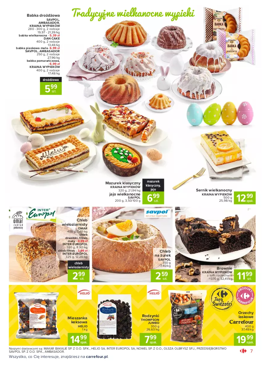 Gazetka promocyjna Carrefour - Gazetka Market - ważna 28.03 do 03.04.2021 - strona 7 - produkty: Babka, Brownie, Chleb, Chleb wieloziarnisty, Dan Cake, Helio, Rodzynki, Ser