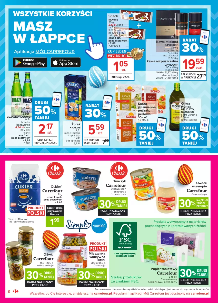 Gazetka promocyjna Carrefour - Gazetka Market - ważna 28.03 do 03.04.2021 - strona 8 - produkty: Cukier, Davidoff, Gin, Kasza, Kasza jęczmienna, Kawa, Kawa mielona, Kawa rozpuszczalna, Kosz, Krakus, Mieszanka warzyw, Monini, Monte, Oliwki, Owoce, Papier, Papier toaletowy, Piwo, Rum, Sonko, Syrop, Tuńczyk