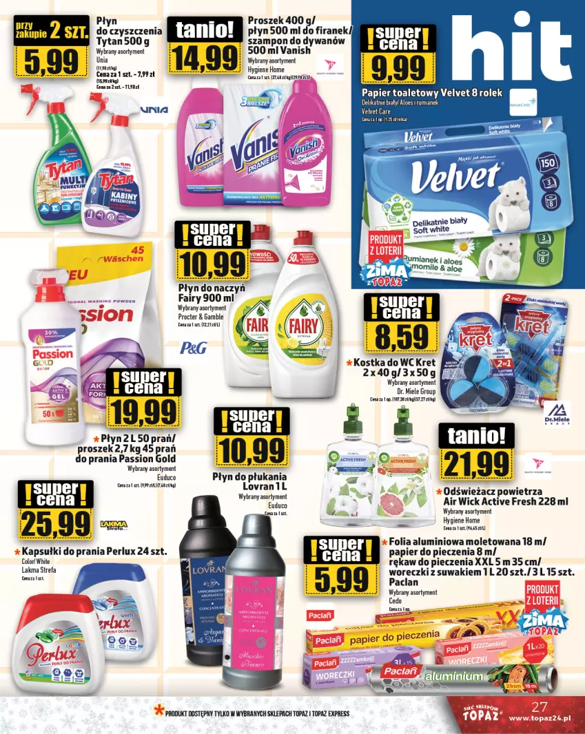 Gazetka promocyjna Topaz - Gazetka - ważna 28.11 do 04.12.2024 - strona 27 - produkty: Air Wick, Dywan, Fa, Fairy, Folia aluminiowa, Kapsułki do prania, Kostka do wc, Kret, Odświeżacz powietrza, Papier, Papier do pieczenia, Papier toaletowy, Piec, Płyn do płukania, Rękaw do pieczenia, Rum, Szampon, Top, Tytan, Vanish, Velvet