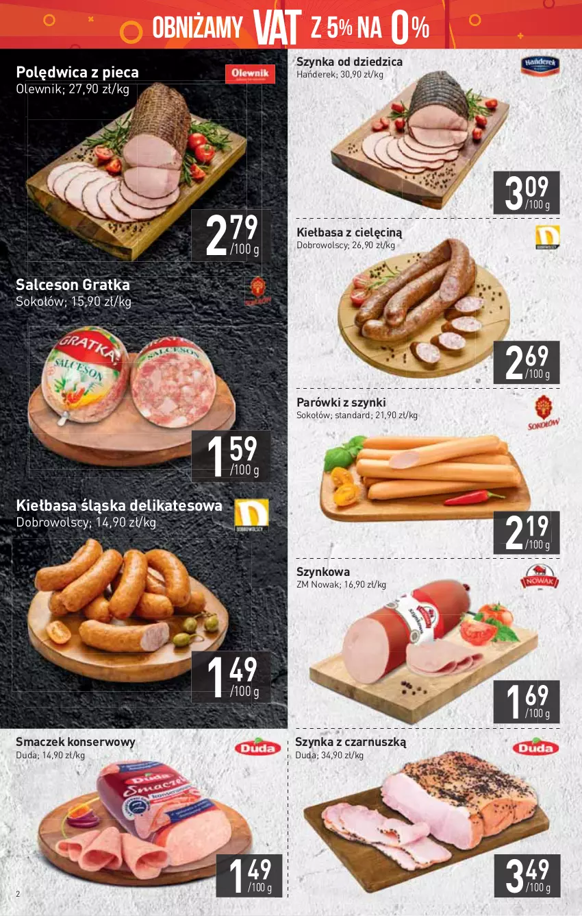 Gazetka promocyjna Stokrotka - Market - ważna 03.02 do 09.02.2022 - strona 2 - produkty: Duda, Gra, HP, Kiełbasa, Kiełbasa śląska, NOWAK, Olewnik, Parówki, Parówki z szynki, Piec, Polędwica, Salceson, Ser, Sok, Sokołów, Szynka