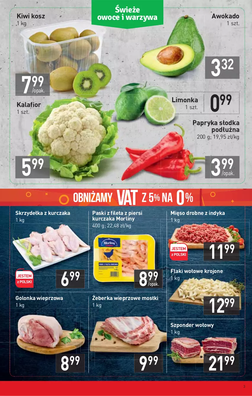 Gazetka promocyjna Stokrotka - Market - ważna 03.02 do 09.02.2022 - strona 3 - produkty: Flaki, Flaki wołowe, Golonka wieprzowa, Kalafior, Kiwi, Kosz, Kurczak, Limonka, Mięso, Morliny, Papryka, Papryka słodka, Skrzydełka z kurczaka, Szponder wołowy