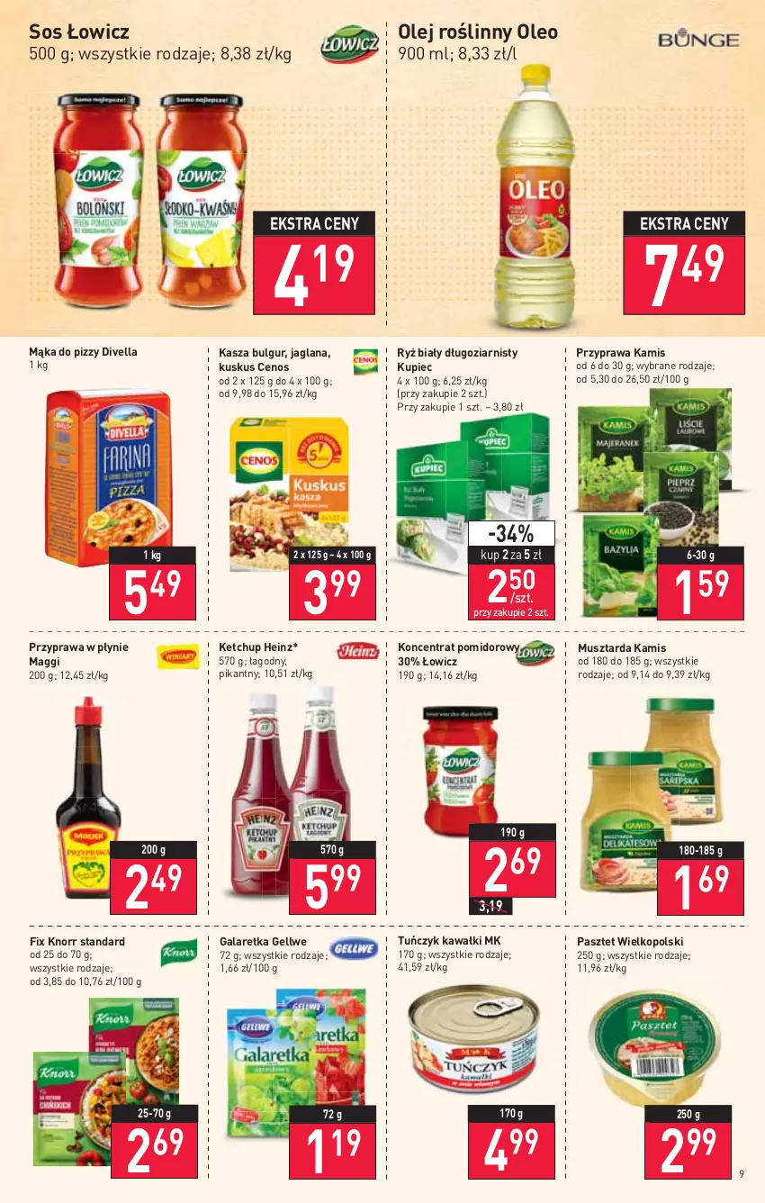 Gazetka promocyjna Stokrotka - Market - ważna 03.02 do 09.02.2022 - strona 9 - produkty: Bulgur, Cenos, Gala, Galaretka, Heinz, Kamis, Kasza, Kawa, Ketchup, Knorr, Koncentrat pomidorowy, Kupiec, Kuskus, LANA, LG, Maggi, Mąka, Mąka do pizzy, Mus, Musztarda, Olej, Olej roślinny, Oleo, Pasztet, Piec, Przyprawa w płynie, Ryż, Ryż biały, Sos, Tuńczyk