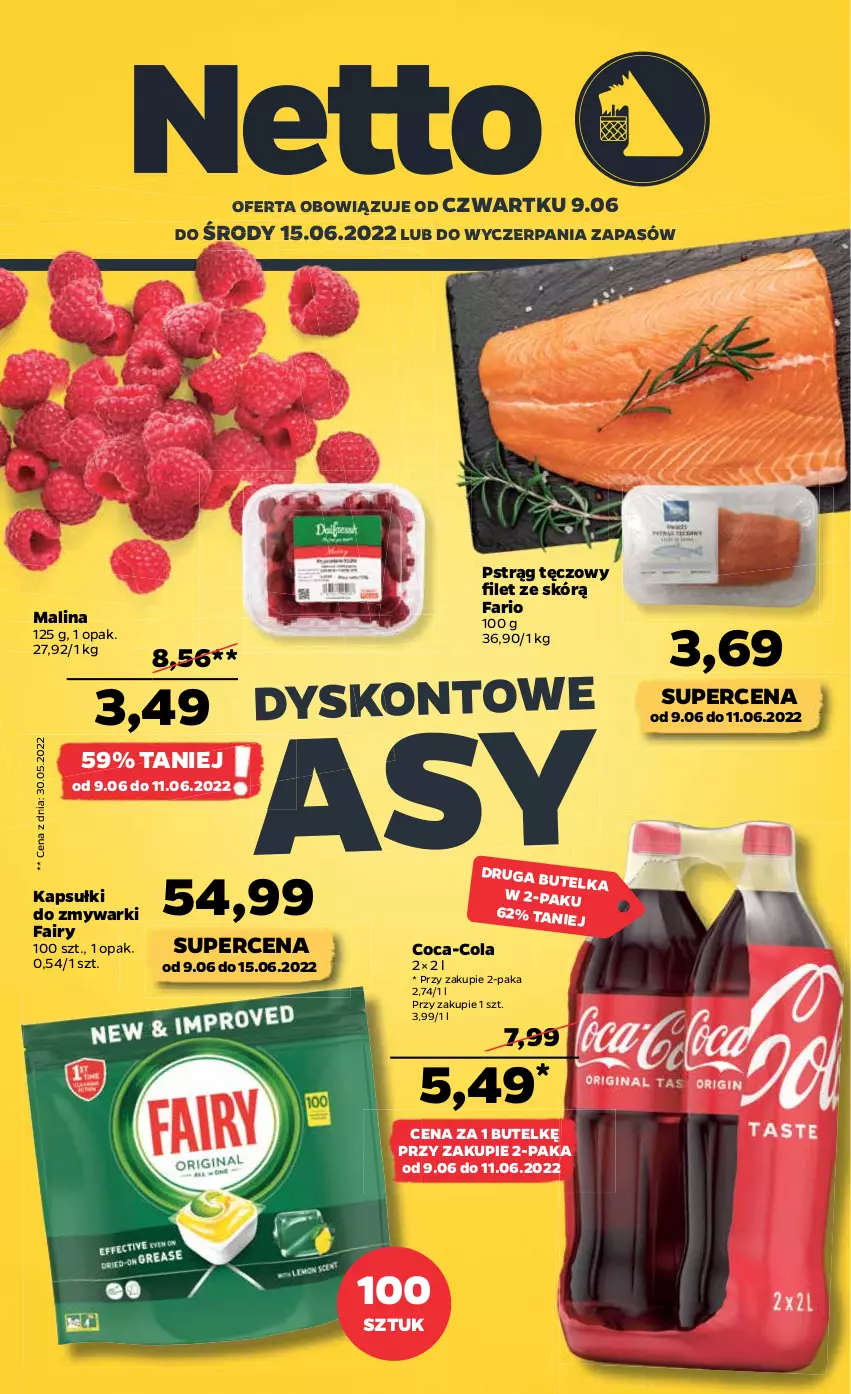 Gazetka promocyjna Netto - Gazetka spożywcza 09.06-15.06 - ważna 09.06 do 15.06.2022 - strona 1 - produkty: Coca-Cola, Fa, Fairy, Pstrąg, Pstrąg tęczowy, Zmywarki