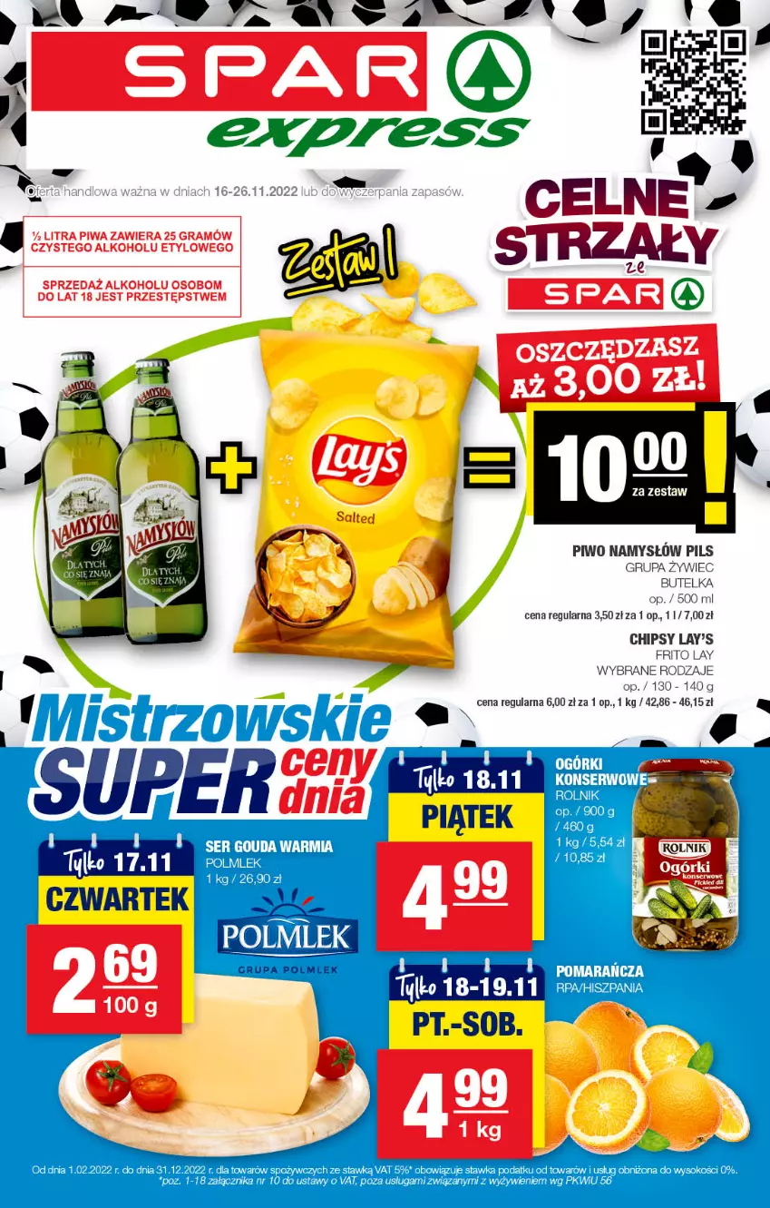 Gazetka promocyjna Spar - SparExpress - ważna 13.11 do 23.11.2022 - strona 1 - produkty: Chipsy, Gouda, Namysłów, Piwo, POLMLEK, Ser, Sok