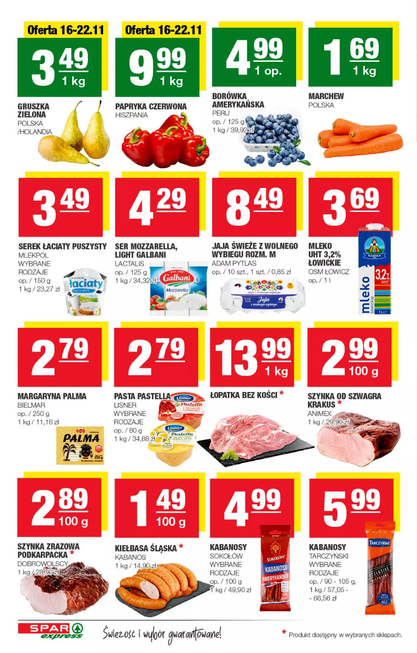 Gazetka promocyjna Spar - SparExpress - ważna 13.11 do 23.11.2022 - strona 2 - produkty: Borówka, Galbani, Gra, Jaja, Kabanos, Karp, Kiełbasa, Kiełbasa śląska, Krakus, Lisner, Margaryna, Mleko, Mozzarella, Palma, Papryka, Papryka czerwona, Pastella, Ser, Serek, Sok, Sokołów, Szynka, Tarczyński