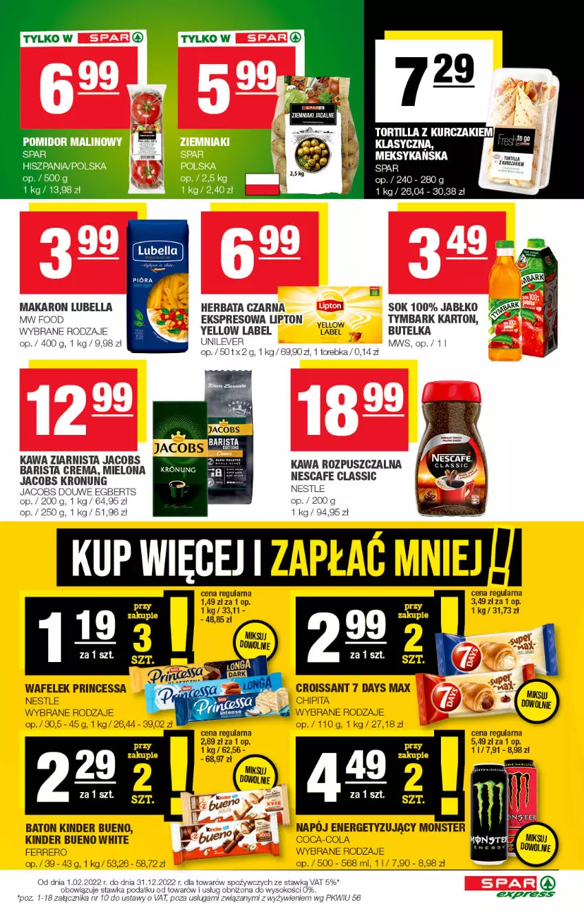 Gazetka promocyjna Spar - SparExpress - ważna 13.11 do 23.11.2022 - strona 3 - produkty: 7 Days, Baton, Bell, Bella, Coca-Cola, Croissant, Ferrero, Herbata, Herbata czarna, Jacobs, Kawa, Kawa ziarnista, Kinder, Kinder Bueno, Lipton, Lubella, Makaron, Pomidor malinowy, Princessa, Sok, Torebka, Tymbark, Wafelek