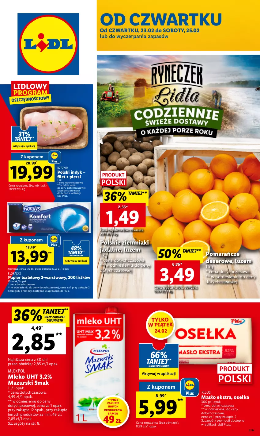 Gazetka promocyjna Lidl - GAZETKA - ważna 23.02 do 25.02.2023 - strona 1 - produkty: Deser, Flora, Masło, Mleko, Papier, Papier toaletowy, Pilos, Pomarańcze, Ser, Ziemniaki