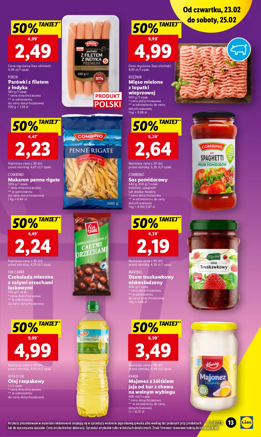 Gazetka promocyjna Lidl - GAZETKA - ważna 23.02 do 25.02.2023 - strona 13 - produkty: Czekolada, Czekolada mleczna, Dżem, Jaja, Majonez, Makaron, Mięso, Mięso mielone, Mięso mielone z łopatki wieprzowej, Olej, Olej rzepakowy, Parówki, Penne, PIKOK, Sos, Sos pomidorowy, Spaghetti