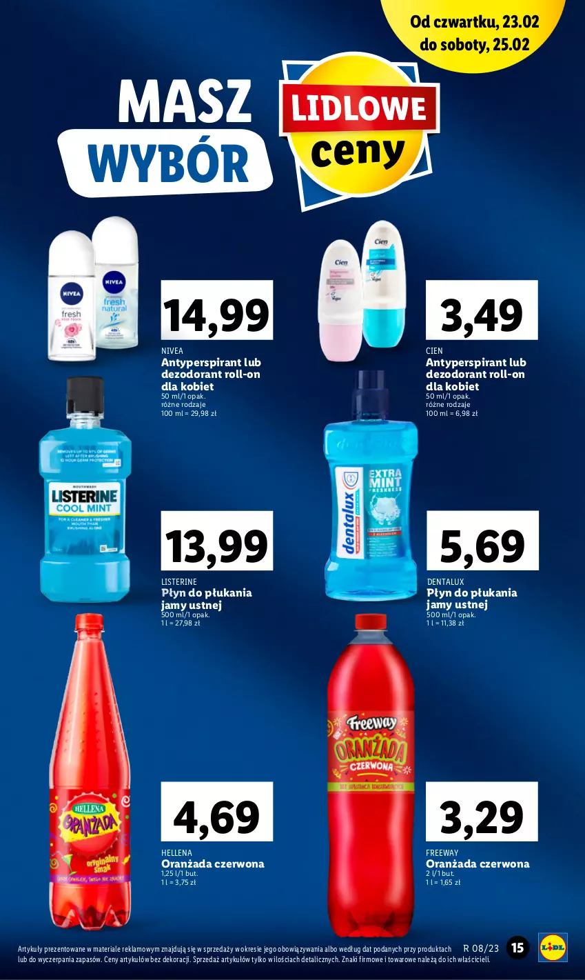 Gazetka promocyjna Lidl - GAZETKA - ważna 23.02 do 25.02.2023 - strona 15 - produkty: Antyperspirant, Dezodorant, Hellena, Listerine, Nivea, Oranżada, Płyn do płukania, Płyn do płukania jamy ustnej