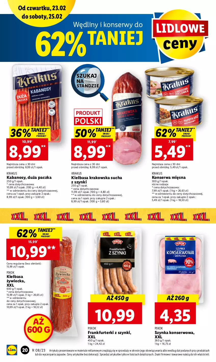 Gazetka promocyjna Lidl - GAZETKA - ważna 23.02 do 25.02.2023 - strona 20 - produkty: Frankfurterki, Kabanos, Kiełbasa, Kiełbasa krakowska, Krakus, PIKOK, Ser, Szynka, Szynka konserwowa