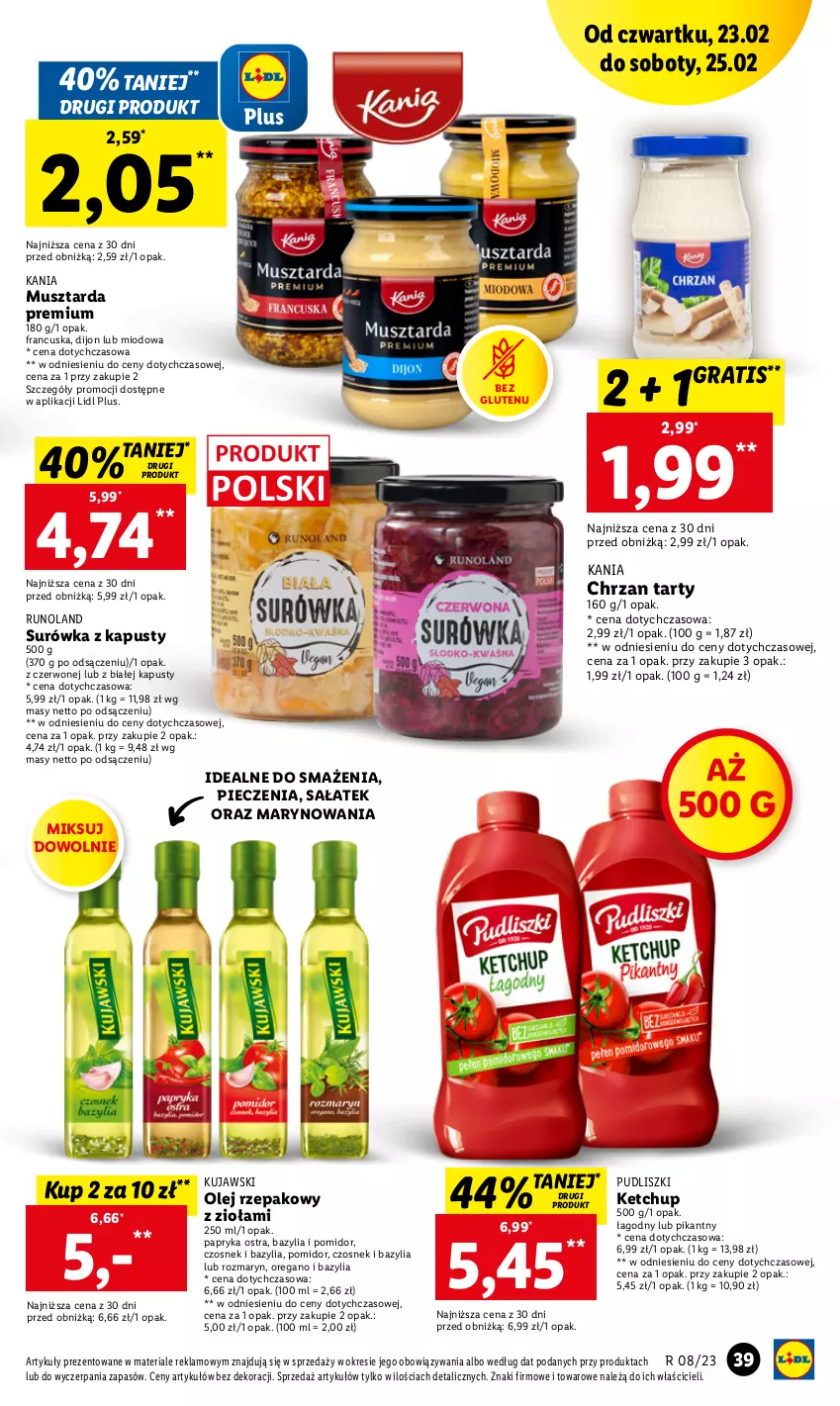 Gazetka promocyjna Lidl - GAZETKA - ważna 23.02 do 25.02.2023 - strona 39 - produkty: Bazyl, Bazylia, Chrzan, Czosnek, Gra, Ketchup, Kujawski, Mus, Musztarda, Olej, Olej rzepakowy, Papryka, Piec, Pudliszki, Runoland, Sałat, Surówka