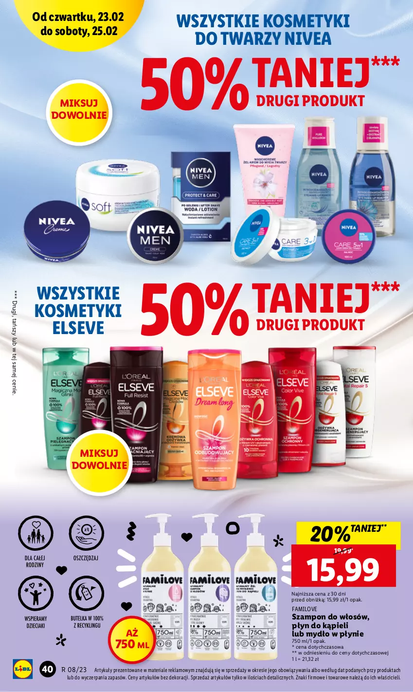 Gazetka promocyjna Lidl - GAZETKA - ważna 23.02 do 25.02.2023 - strona 40 - produkty: Elseve, Fa, Mydło, Mydło w płynie, Nivea, Płyn do kąpieli, Szampon