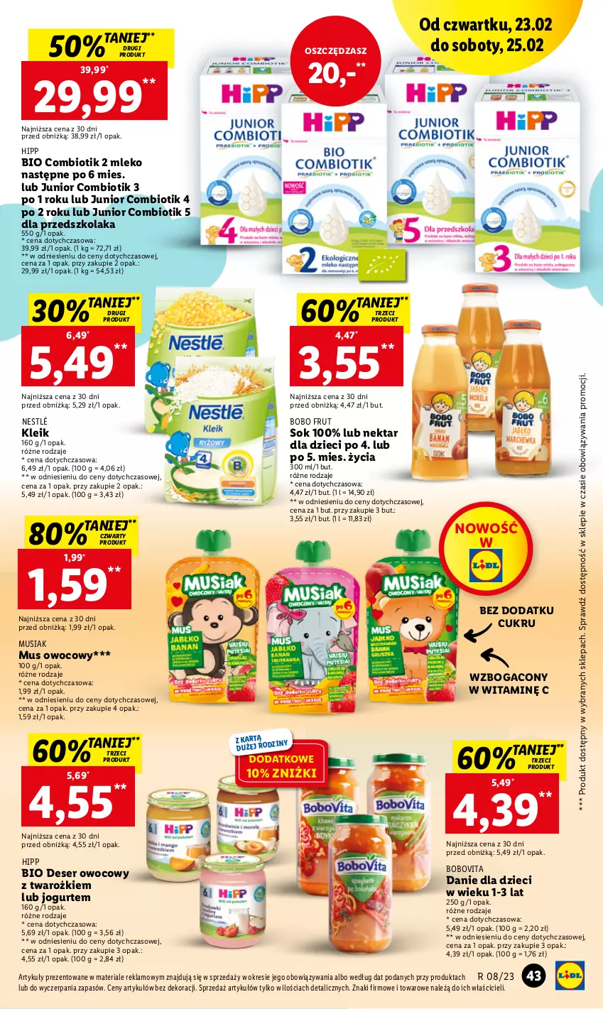 Gazetka promocyjna Lidl - GAZETKA - ważna 23.02 do 25.02.2023 - strona 43 - produkty: BoboVita, Danie dla dzieci, Deser, Deser owocowy, Dzieci, HiPP, Hipp Bio, Jogurt, Mleko, Mus, Nektar, Nestlé, O nas, Ser, Sok