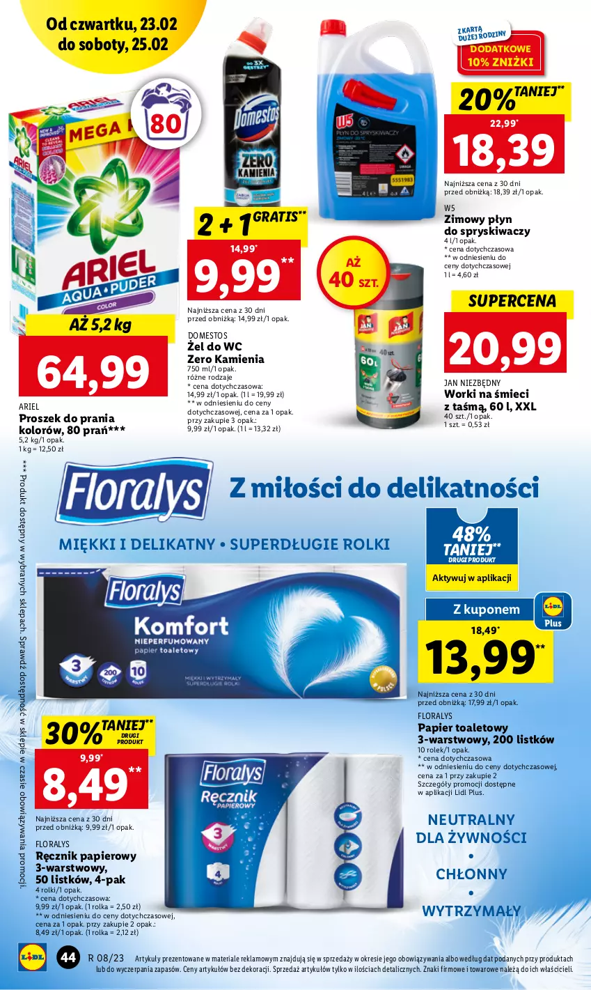 Gazetka promocyjna Lidl - GAZETKA - ważna 23.02 do 25.02.2023 - strona 44 - produkty: Ariel, Domestos, Flora, Gra, Jan Niezbędny, Papier, Papier toaletowy, Płyn do spryskiwaczy, Proszek do prania, Ręcznik, Rolki, Worki na śmiec, Worki na śmieci