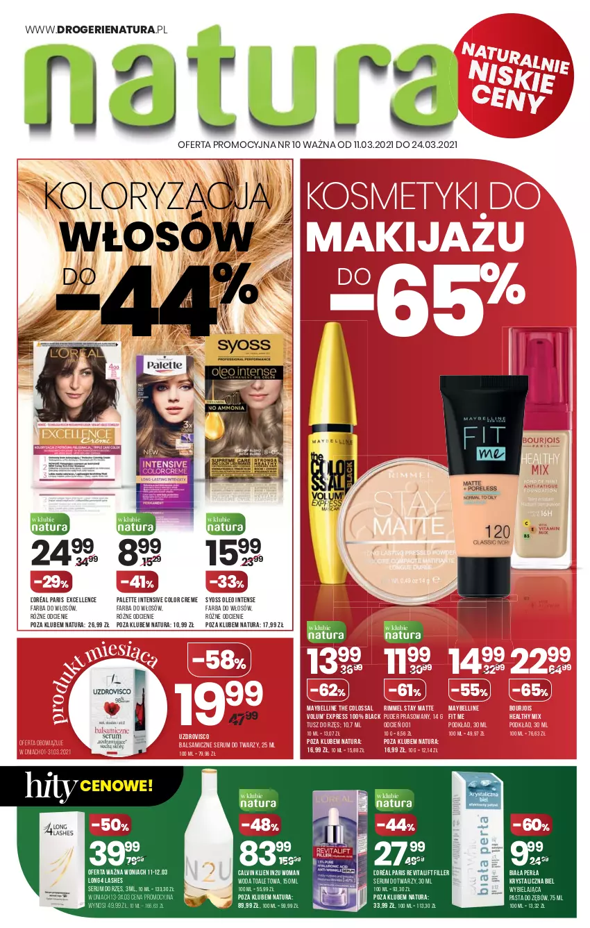 Gazetka promocyjna Drogerie Natura - Gazetka Drogerie Natura - ważna 11.03 do 24.03.2021 - strona 1 - produkty: Bell, Bourjois, Cień, Color Creme, Fa, Farba do włosów, Lack, Long 4 Lashes, Maybelline, Oleo, Palette, Pasta do zębów, Perła, Podkład, Puder, Puder prasowany, Rum, Ser, Serum, Serum do twarzy, Syoss, Tusz, Woda, Woda toaletowa