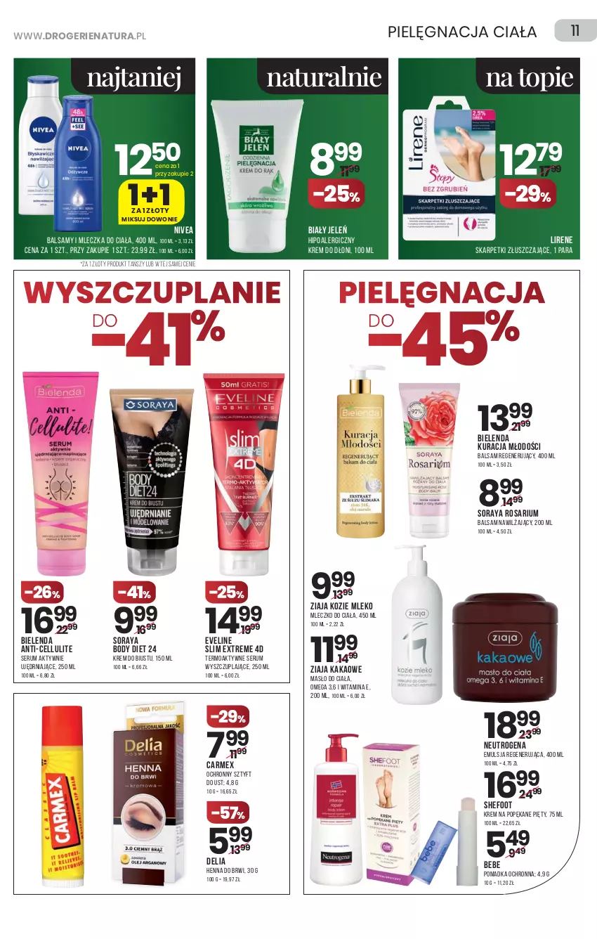 Gazetka promocyjna Drogerie Natura - Gazetka Drogerie Natura - ważna 11.03 do 24.03.2021 - strona 11 - produkty: Biały Jeleń, Bielenda, Body, Emulsja, Eveline, Kakao, Karp, Lirene, Masło, Masło do ciała, Mleczko, Mleczko do ciała, Mleko, Neutrogena, Nivea, Rum, Ser, Serum, Skarpetki, Top, Ziaja