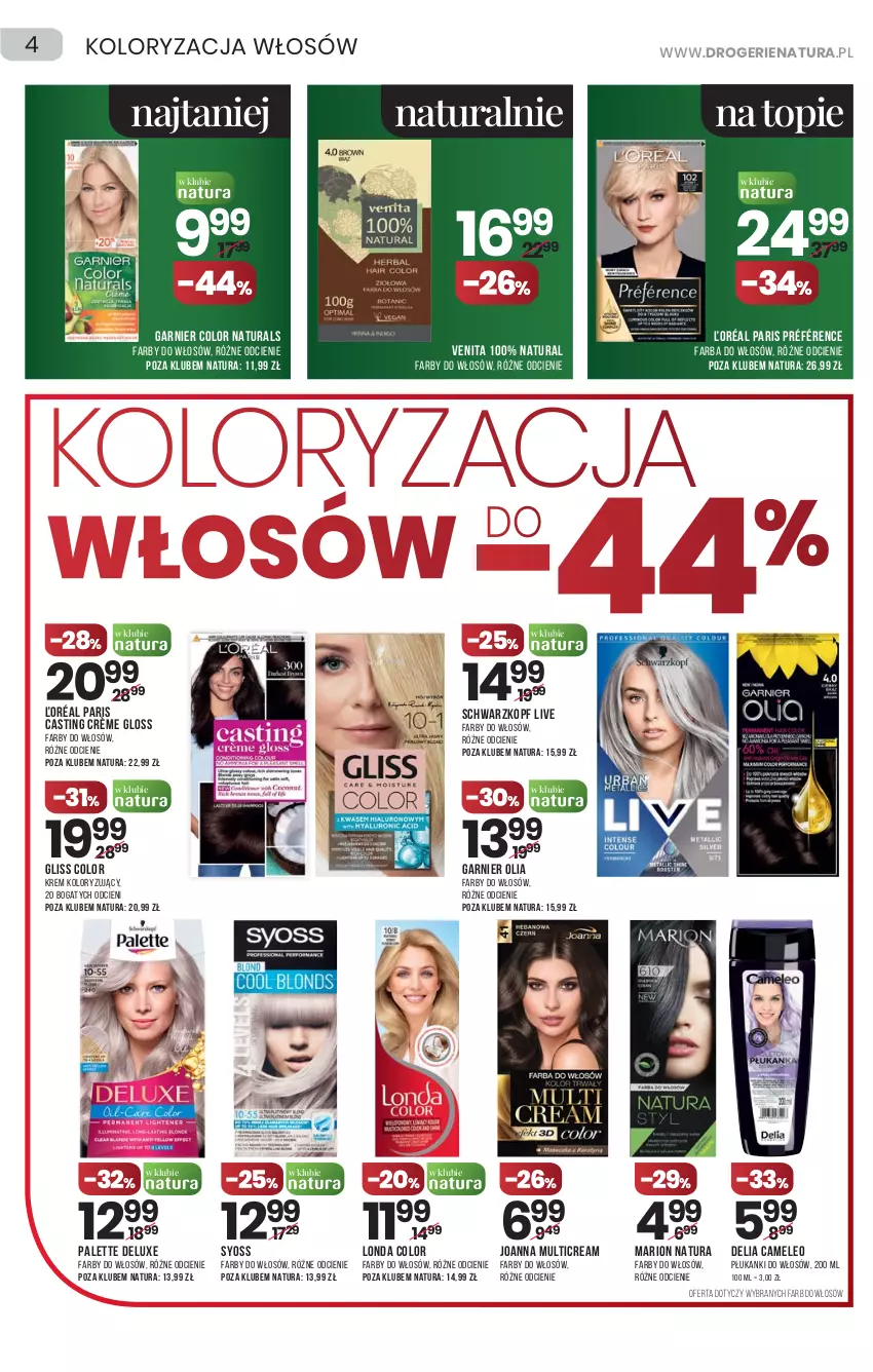 Gazetka promocyjna Drogerie Natura - Gazetka Drogerie Natura - ważna 11.03 do 24.03.2021 - strona 4 - produkty: Eleo, Fa, Farba do włosów, Garnier, Joanna, Palette, Schwarzkopf, Syoss, Top