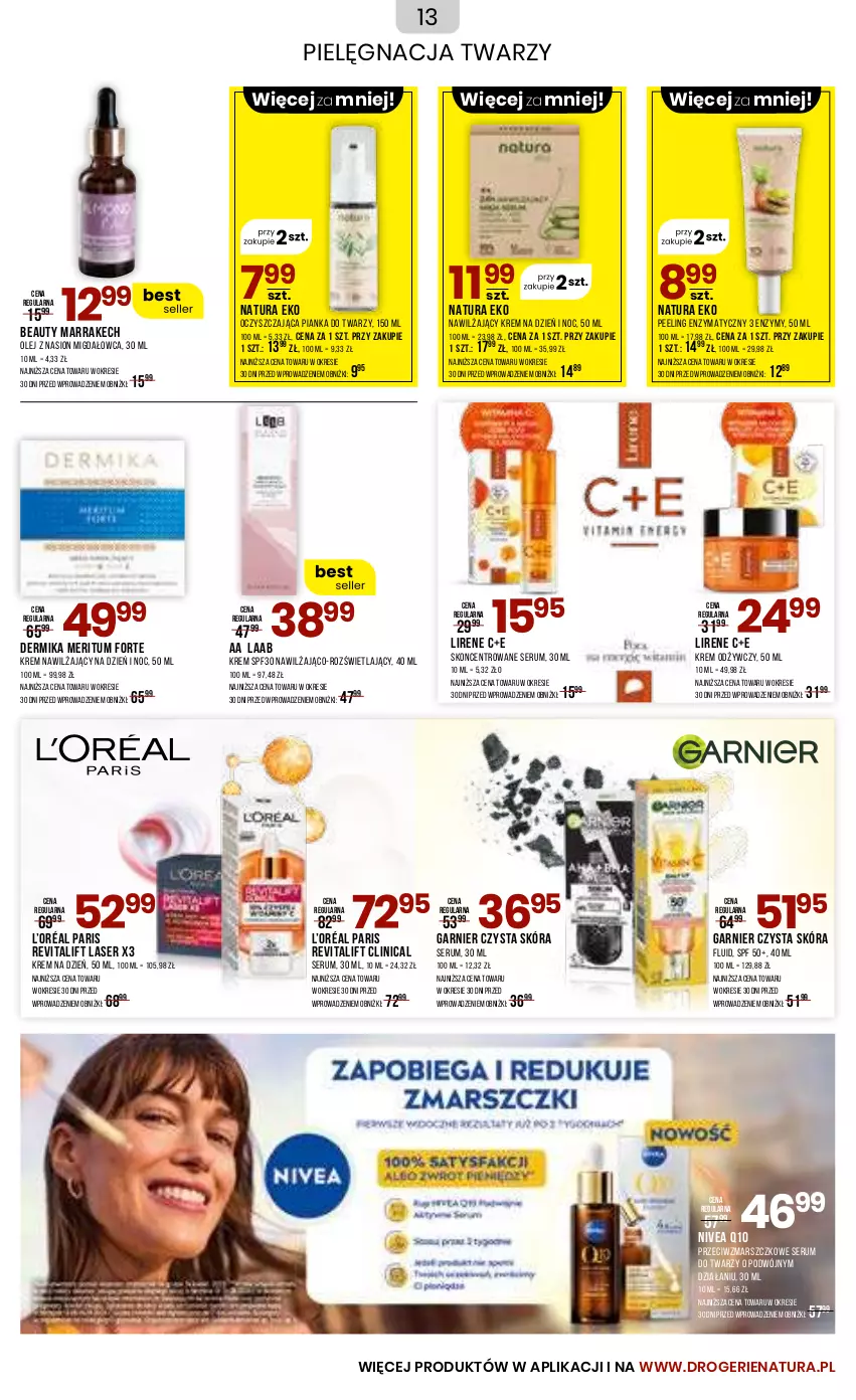 Gazetka promocyjna Drogerie Natura - Gazetka Drogerie Natura - ważna 05.08 do 03.09.2024 - strona 13 - produkty: Clin, Dermika, Garnier, Krem na dzień, Krem nawilżający, Krem odżywczy, L’Oréal, Lirene, Mars, Nivea, Nivea Q10, Olej, Peeling, Rum, Ser, Serum, Serum do twarzy