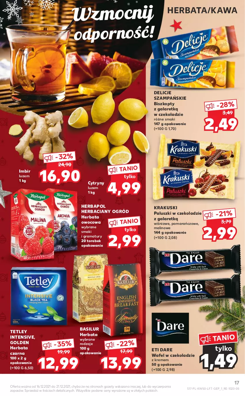 Gazetka promocyjna Kaufland - OFERTA TYGODNIA - ważna 16.12 do 21.12.2021 - strona 17 - produkty: Biszkopty, Cytryny, Delicje, Gala, Gra, Herbapol, Herbata, Herbata czarna, Imbir, Kawa, Krakus, Krakuski, Ogród, Por, Rama, Tetley