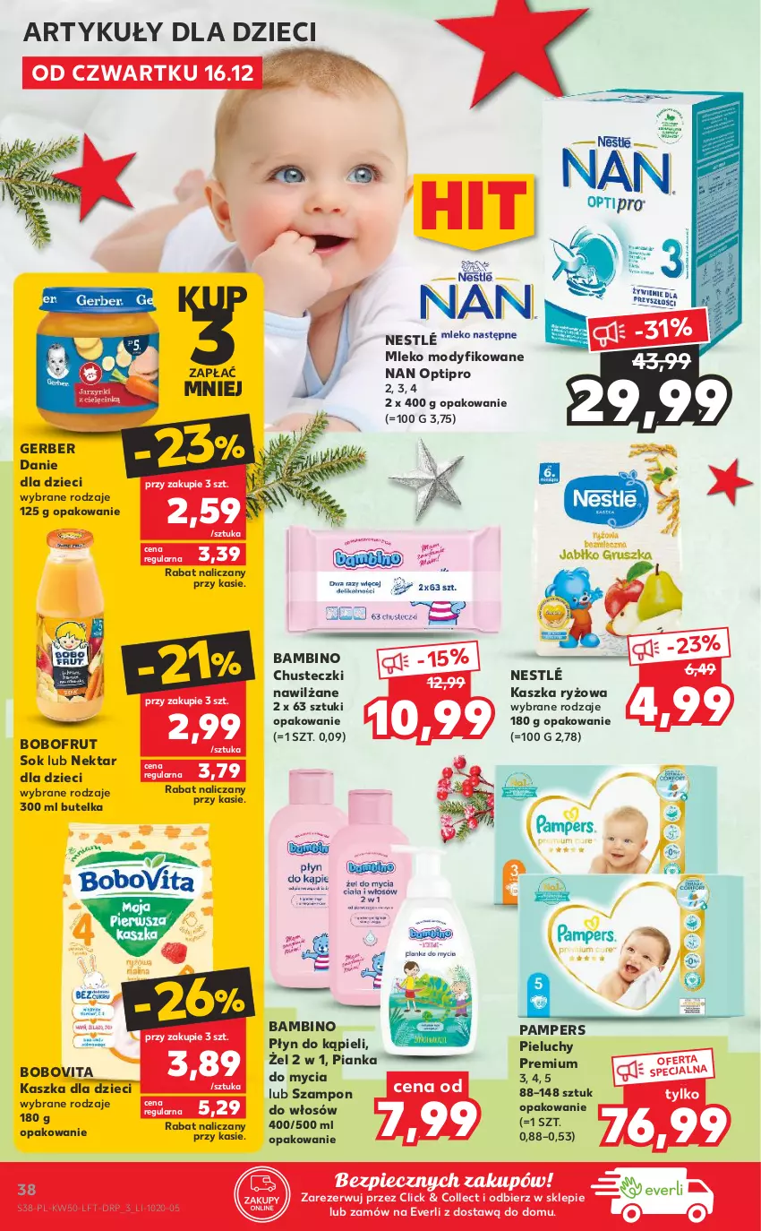 Gazetka promocyjna Kaufland - OFERTA TYGODNIA - ważna 16.12 do 21.12.2021 - strona 38 - produkty: Bobofrut, BoboVita, Chusteczki, Danie dla dzieci, Dzieci, Gerber, Mleko, Mleko modyfikowane, NAN Optipro, Nektar, Nestlé, Pampers, Piec, Pieluchy, Płyn do kąpieli, Ryż, Sok, Szampon