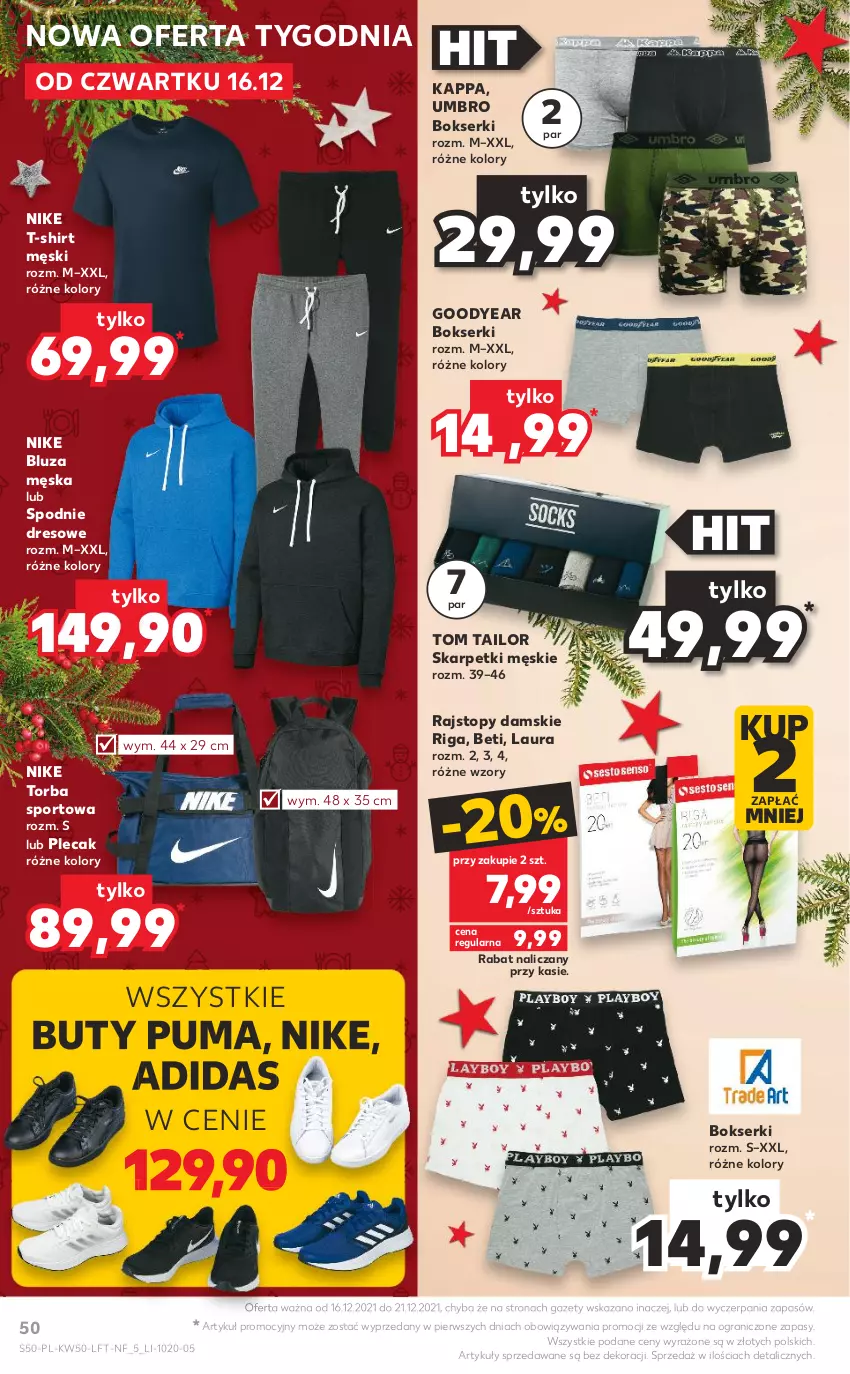 Gazetka promocyjna Kaufland - OFERTA TYGODNIA - ważna 16.12 do 21.12.2021 - strona 50 - produkty: Adidas, Bluza, Bokserki, Buty, Dres, Gra, Karp, Laur, Nike, Plecak, Por, Puma, Rajstopy, Ser, Skarpetki, Spodnie, Spodnie dresowe, Sport, T-shirt, Tom Tailor, Top, Torba