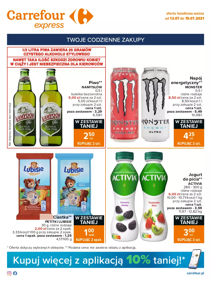 Gazetka promocyjna Carrefour - Gazetka Express - ważna 12.07 do 19.07.2021 - strona 1 - produkty: Activia, Ciastka, Gra, Jogurt, Kosz, Lubisie, Namysłów, Napój, Napój energetyczny, Piec, Piwa, Piwo