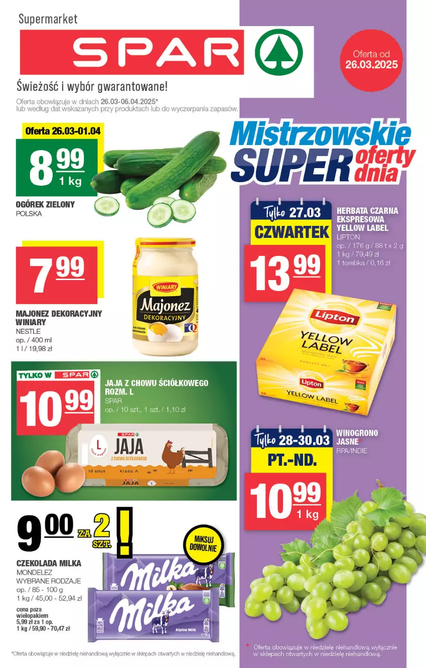 Gazetka promocyjna Spar - Spar - ważna 23.03 do 02.04.2025 - strona 1 - produkty: Czekolada, Jaja, Majonez, Milka, Ogórek, Winiary