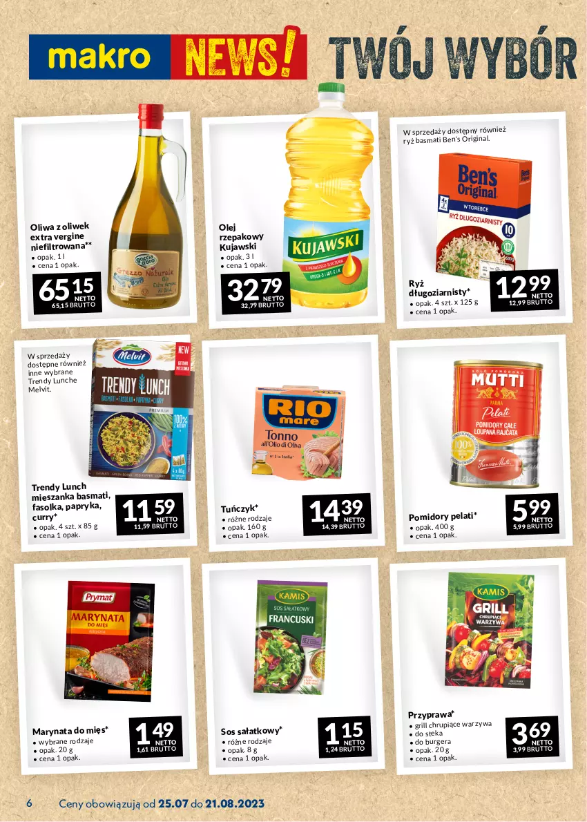 Gazetka promocyjna Makro - Najlepsze oferty - ważna 25.07 do 21.08.2023 - strona 6 - produkty: Burger, Fa, Gin, Grill, Kujawski, Melvit, Olej, Oliwa z oliwek, Papryka, Ryż, Ryż basmati, Sałat, Sos, Stek, Tuńczyk