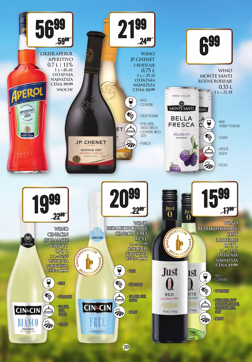 Gazetka promocyjna Dino - Katalog alkoholowy czerwiec 05-10.06 - ważna 04.06 do 10.06.2023 - strona 20 - produkty: Aperol, Deser, Drób, Likier, Makaron, Monte, Monte Santi, Owoce, Owoce morza, Puma, Sałat, Ser, Wino, Wino bezalkoholowe