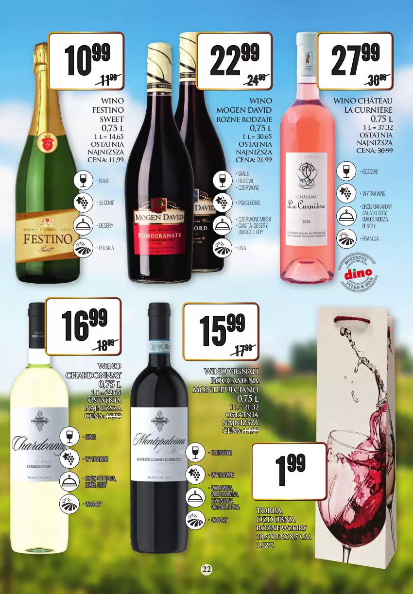 Gazetka promocyjna Dino - Katalog alkoholowy czerwiec 05-10.06 - ważna 04.06 do 10.06.2023 - strona 22 - produkty: Chardonnay, Deser, Drób, Lody, Makaron, Mogen David, Monte, Owoce, Owoce morza, Pizza, Sałat, Ser, Torba, Wieprzowina, Wino, Wołowina