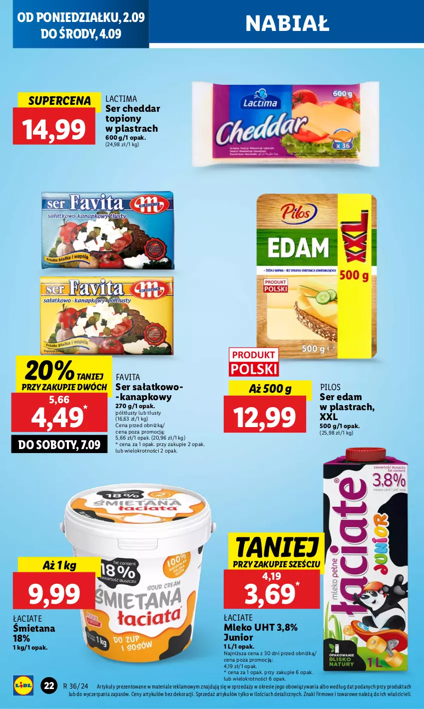 Gazetka promocyjna Lidl - GAZETKA - ważna 02.09 do 04.09.2024 - strona 28 - produkty: Cheddar, Edam, Fa, Favita, Mleko, Pilos, Sałat, Ser, Ser sałatkowo-kanapkowy, Top