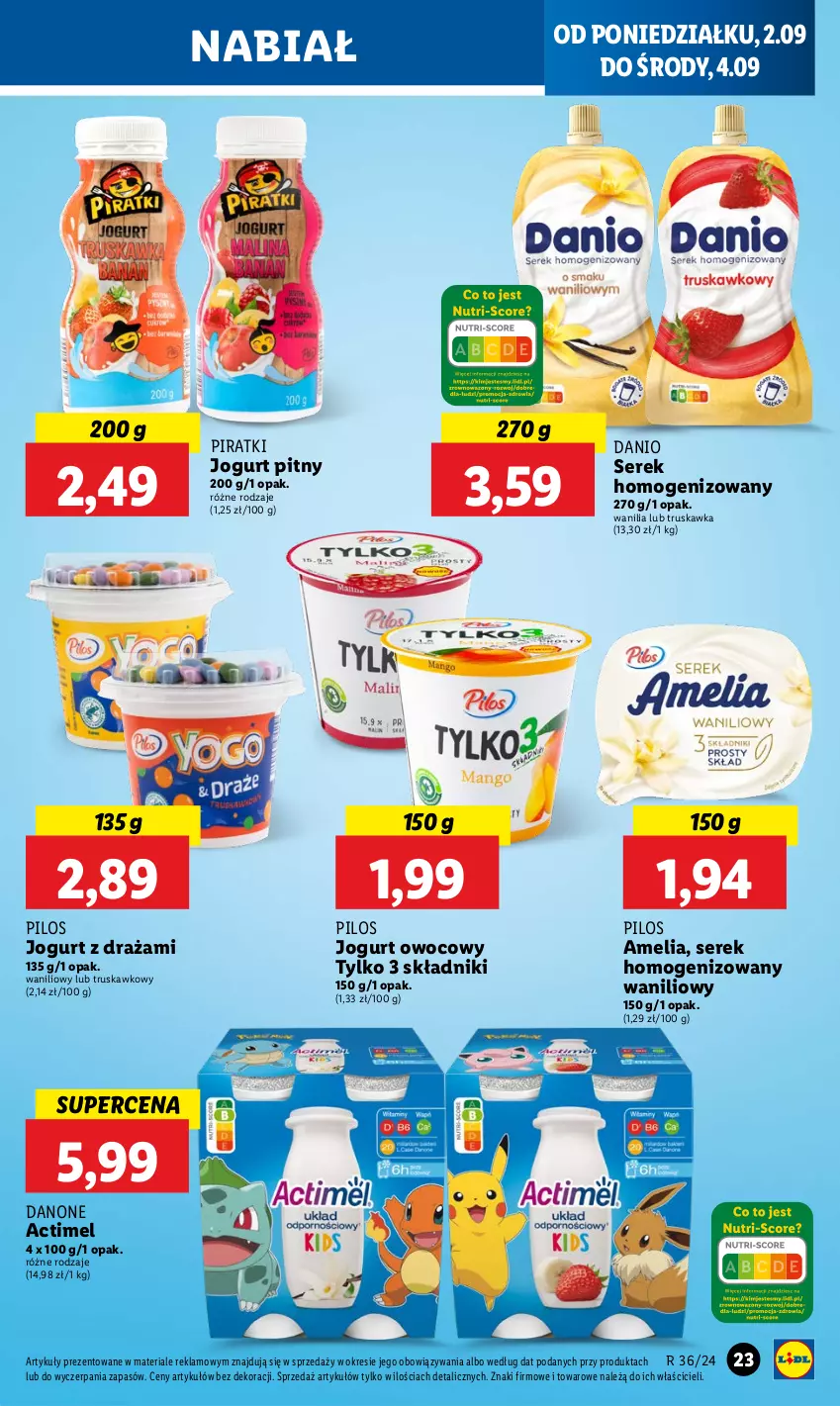 Gazetka promocyjna Lidl - GAZETKA - ważna 02.09 do 04.09.2024 - strona 29 - produkty: Actimel, Danio, Danone, Jogurt, Jogurt owocowy, Jogurt pitny, Pilos, Ser, Serek, Serek homogenizowany