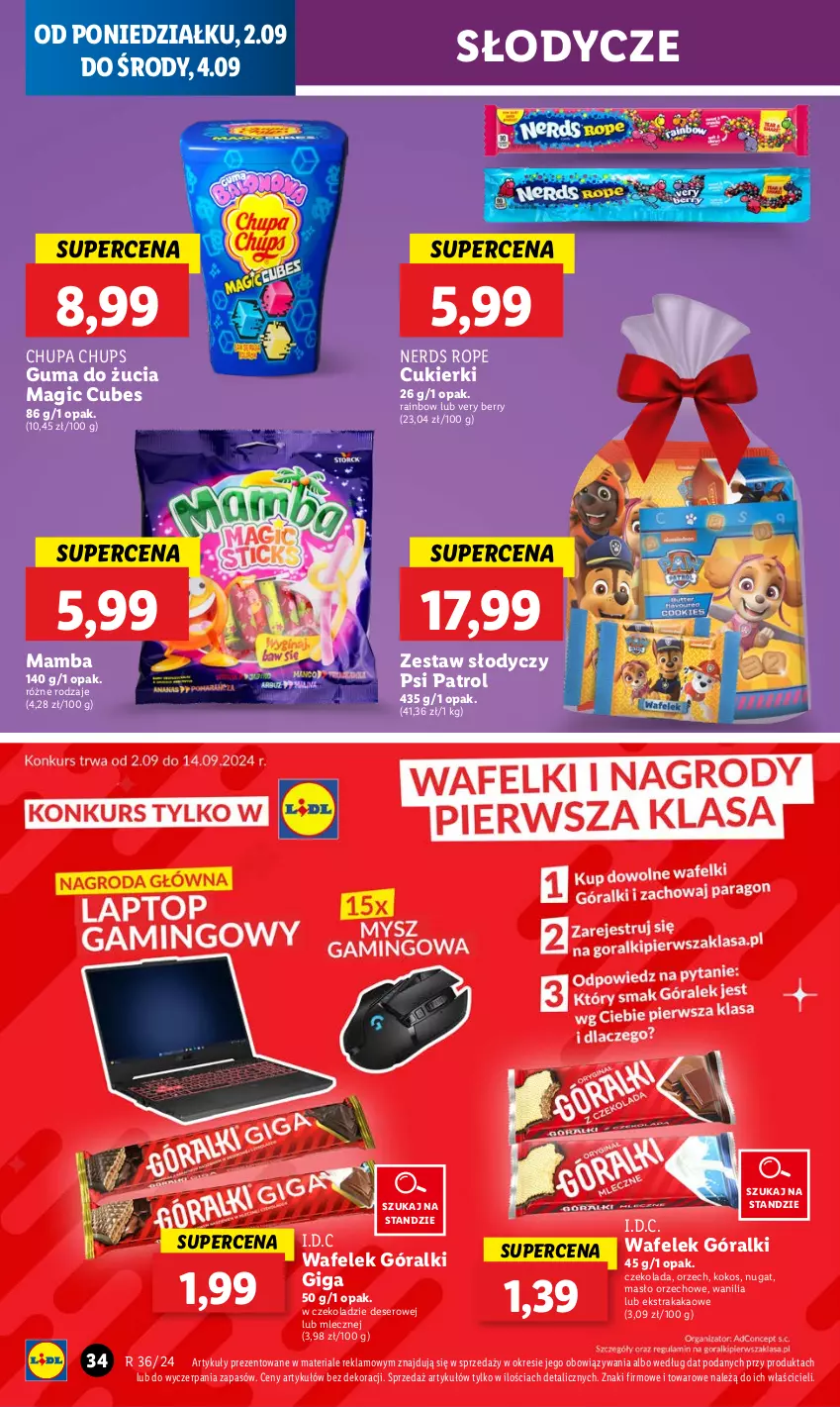 Gazetka promocyjna Lidl - GAZETKA - ważna 02.09 do 04.09.2024 - strona 42 - produkty: Chupa Chups, Cukier, Cukierki, Czekolada, Deser, Góralki, Guma do żucia, Kakao, Kokos, Mamba, Masło, Masło orzechowe, Psi Patrol, Ser, Wafelek