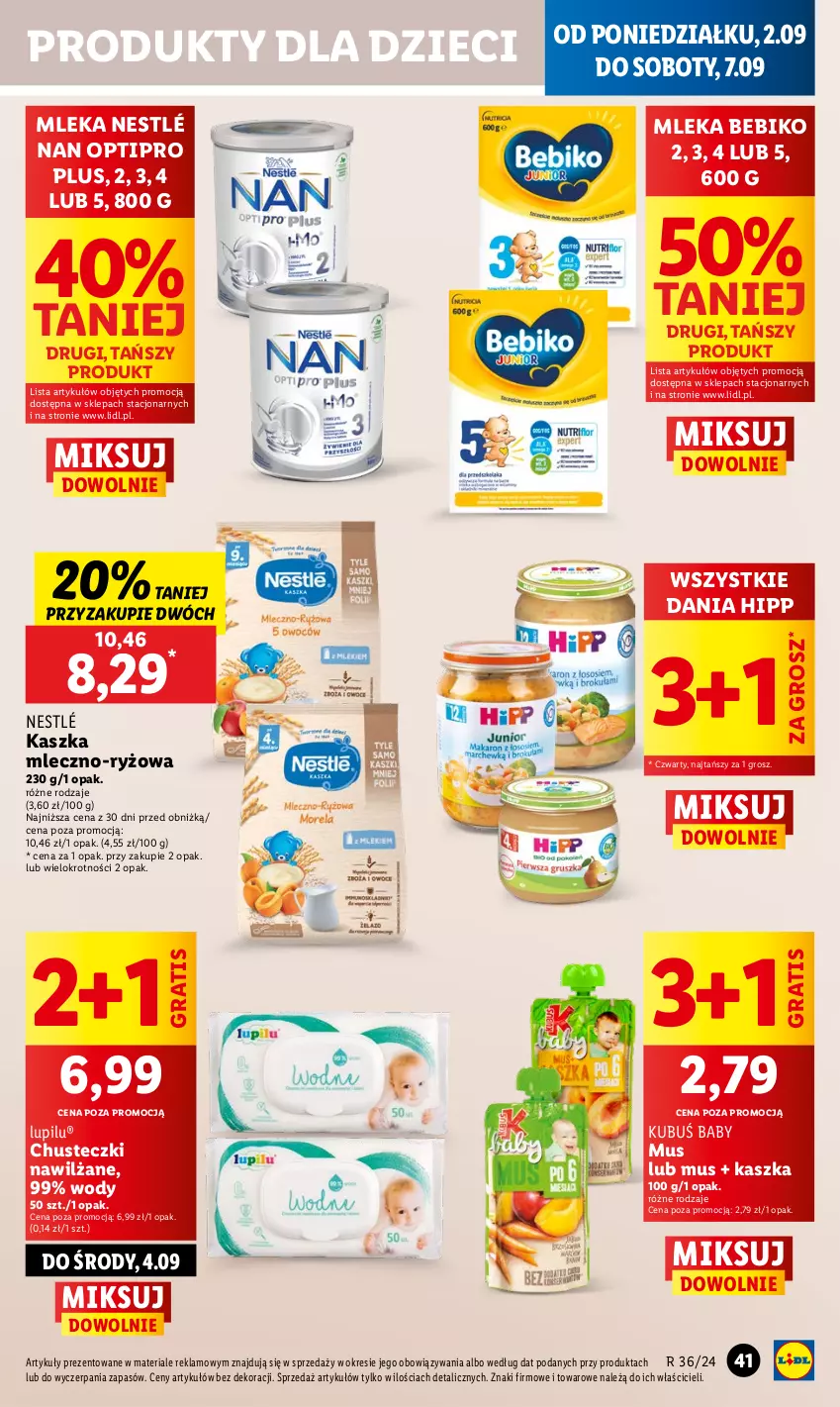 Gazetka promocyjna Lidl - GAZETKA - ważna 02.09 do 04.09.2024 - strona 49 - produkty: Bebiko, Chusteczki, Dzieci, Gra, HiPP, Kubuś, Mus, NAN Optipro, Nestlé, Ryż