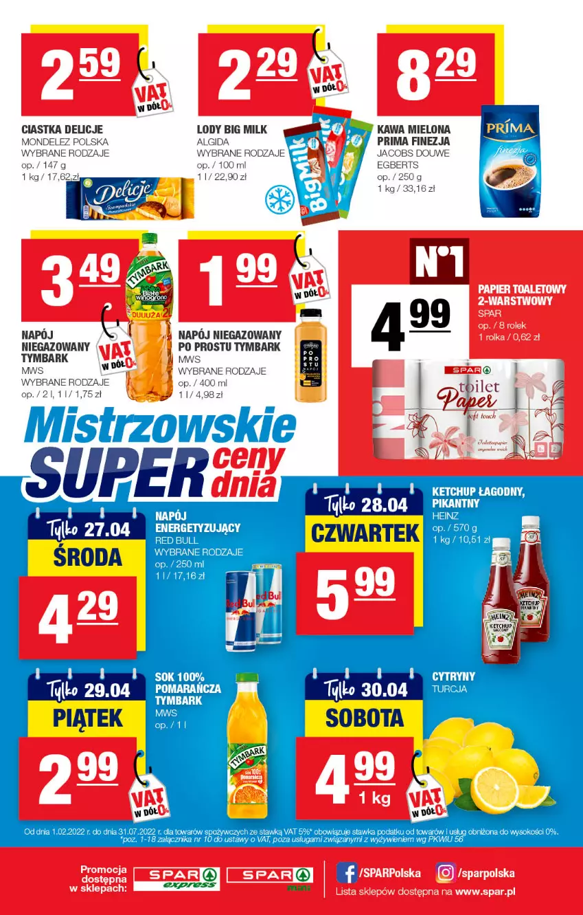 Gazetka promocyjna Spar - SparExpress - ważna 19.04 do 29.04.2022 - strona 4 - produkty: Algida, Big Milk, Ciastka, Delicje, Heinz, Jacobs, Kawa, Kawa mielona, Ketchup, LG, Lody, Prima, Red Bull, Sok, Tymbark