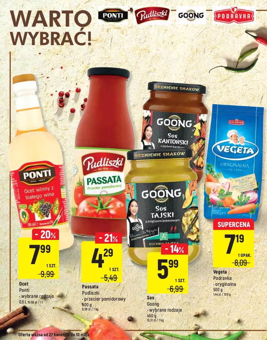 Gazetka promocyjna Intermarche - Warto wybrać - ważna 27.04 do 10.05.2021 - strona 12 - produkty: Gin, Koncentrat pomidorowy, Ocet, Podravka, Ponti, Pudliszki, Sałat, Sałatka, Sos, Vegeta