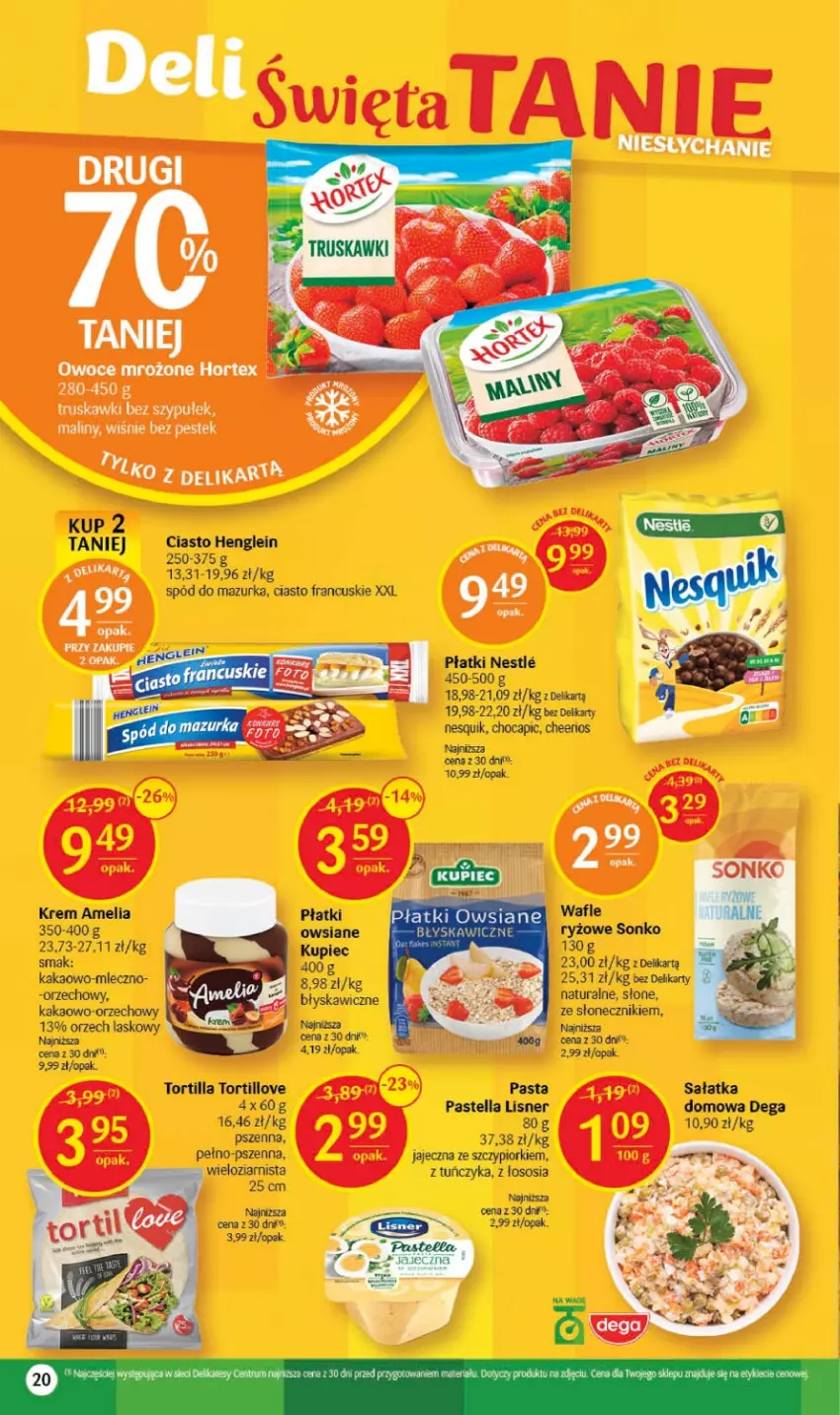 Gazetka promocyjna Delikatesy Centrum - Gazetka DC13 - ważna 30.03 do 08.04.2023 - strona 20 - produkty: Cheerios, Ciasto francuskie, Dega, Hortex, Kakao, Kask, Kupiec, Lisner, Maliny, Nesquik, Owoce, Pastella, Piec, Ryż, Sałat, Sałatka, Sonko, Sos, Stek, Tortilla, Truskawki, Tuńczyk, Wafle