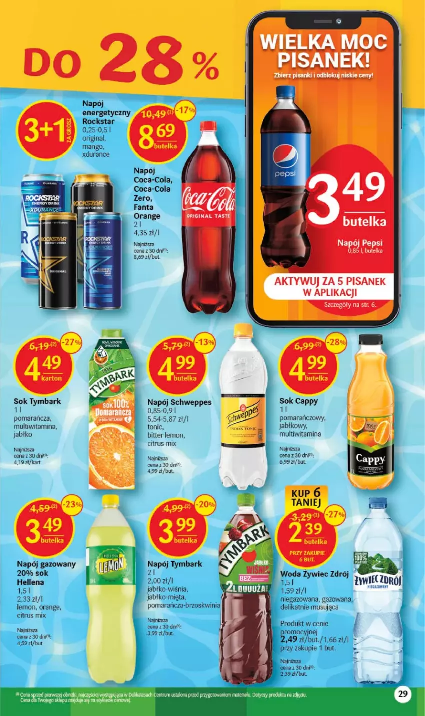 Gazetka promocyjna Delikatesy Centrum - Gazetka DC13 - ważna 30.03 do 08.04.2023 - strona 29 - produkty: Cappy, Coca-Cola, Fa, Fanta, Gin, Hellena, Mango, Mięta, Mus, Napój, Napój gazowany, Pepsi, Sanki, Schweppes, Sok, Tymbark, Woda