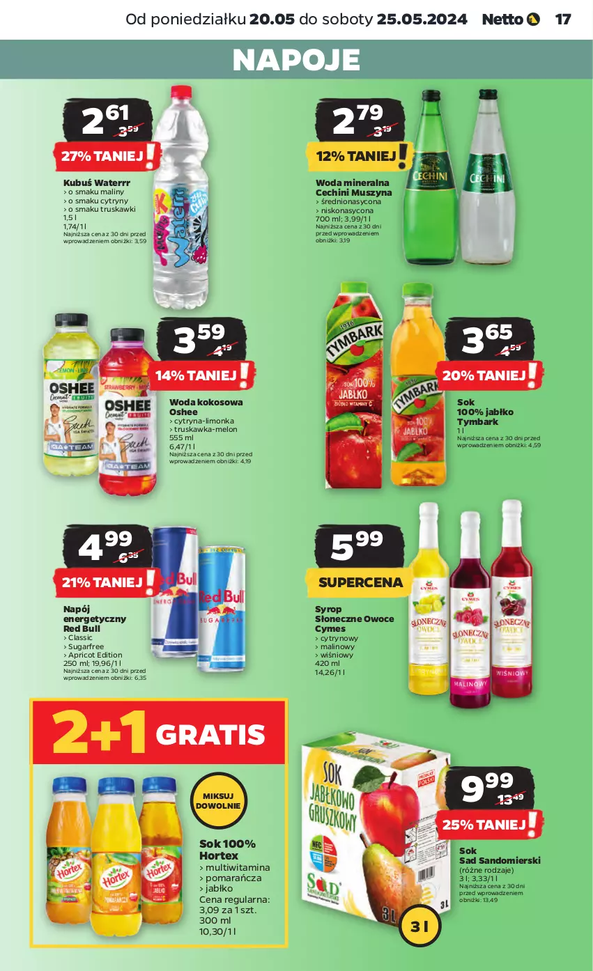 Gazetka promocyjna Netto - Artykuły spożywcze - ważna 20.05 do 25.05.2024 - strona 17 - produkty: Cytryny, Gra, Hortex, Kokos, Kubuś, Kubuś Waterrr, Limonka, Maliny, Melon, Mus, Napój, Napój energetyczny, Napoje, Oshee, Owoce, Red Bull, Sok, Syrop, Szyna, Truskawki, Tymbark, Woda, Woda mineralna