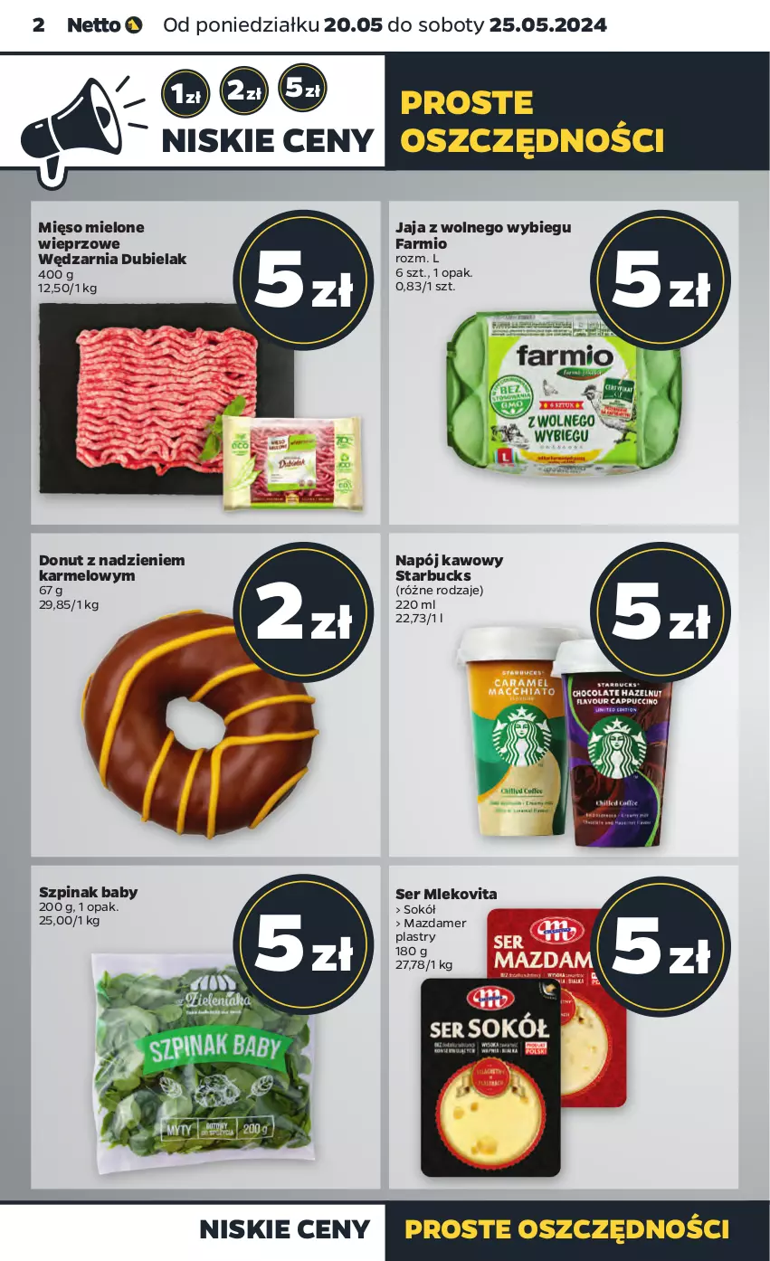 Gazetka promocyjna Netto - Artykuły spożywcze - ważna 20.05 do 25.05.2024 - strona 2 - produkty: Donut, Fa, Jaja, Jaja z wolnego wybiegu, Mazdamer, Mięso, Mięso mielone, Mleko, Mlekovita, Napój, Ser, Sok, Sokół, Szpinak