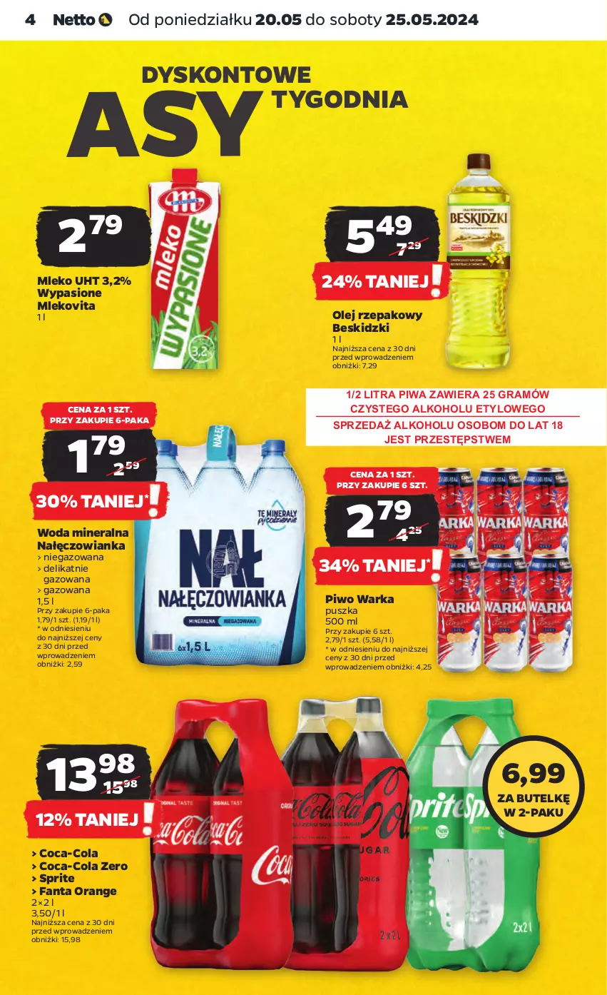 Gazetka promocyjna Netto - Artykuły spożywcze - ważna 20.05 do 25.05.2024 - strona 4 - produkty: Beskidzki, Coca-Cola, Fa, Fanta, Gra, Mleko, Mlekovita, Nałęczowianka, Olej, Olej rzepakowy, Piwa, Piwo, Sprite, Warka, Woda, Woda mineralna