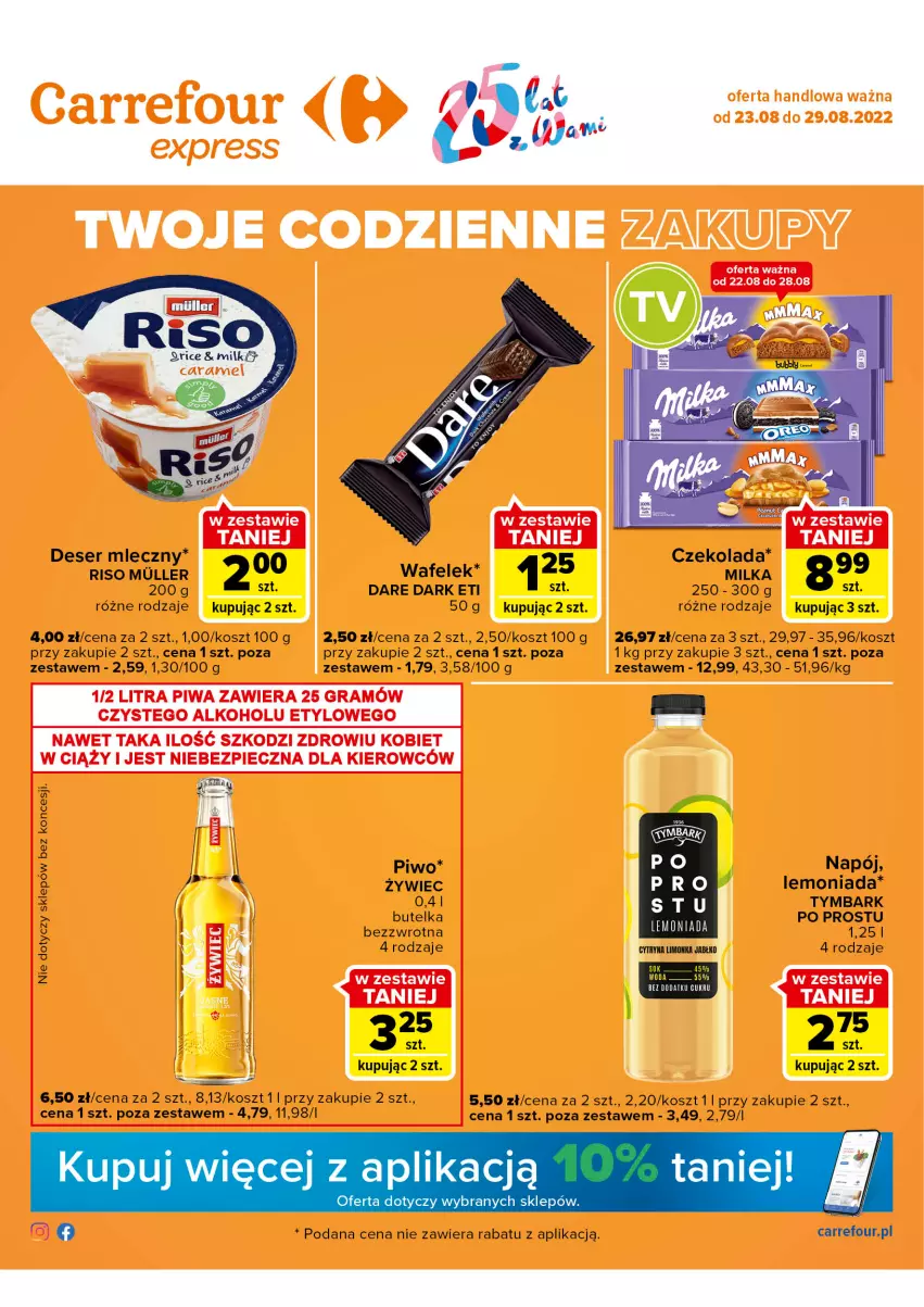 Gazetka promocyjna Carrefour - Gazetka Express - ważna 23.08 do 29.08.2022 - strona 1 - produkty: Czekolada, Deser, Deser mleczny, Kosz, Lemoniada, Limonka, Napój, Piwo, Ser, Tymbark, Wafelek