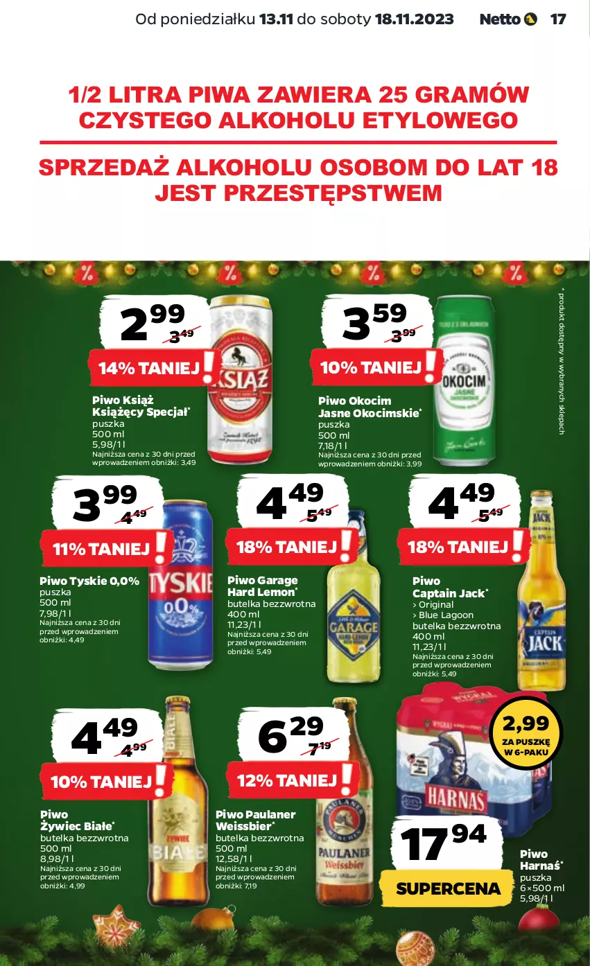 Gazetka promocyjna Netto - Artykuły spożywcze - ważna 13.11 do 18.11.2023 - strona 17 - produkty: Captain Jack, Gin, Gra, Harnaś, Koc, Okocim, Piwa, Piwo, Tyskie