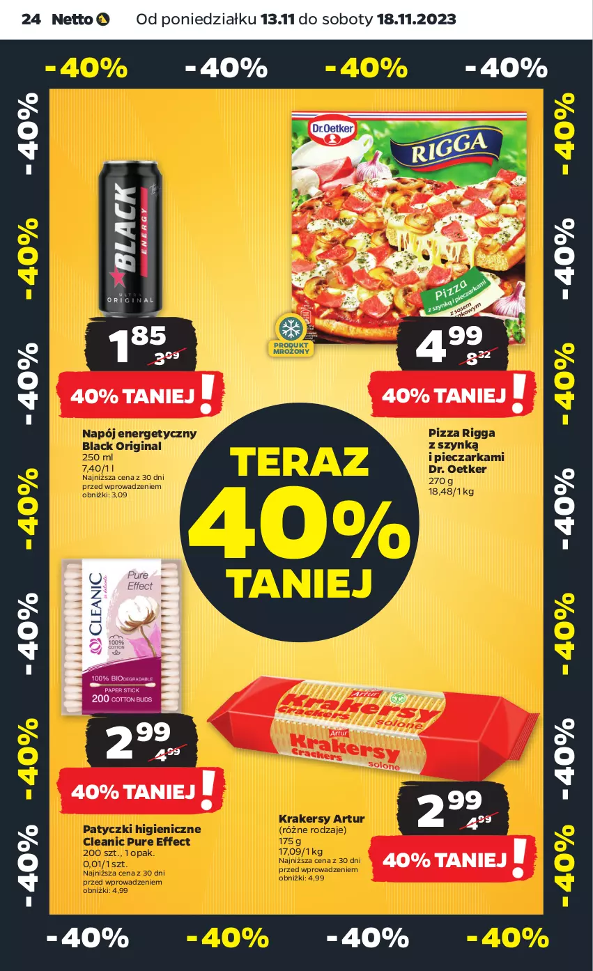 Gazetka promocyjna Netto - Artykuły spożywcze - ważna 13.11 do 18.11.2023 - strona 24 - produkty: Artur, Cleanic, Dr. Oetker, Gin, Krakersy, Lack, Napój, Napój energetyczny, Piec, Pieczarka, Pizza, Pur, Tera