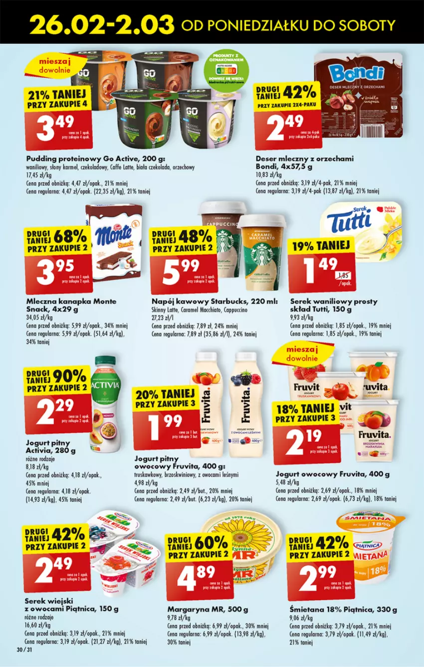 Gazetka promocyjna Biedronka - Od poniedzialku - ważna 26.02 do 02.03.2024 - strona 40 - produkty: Activia, Cappuccino, Czekolada, Deser, Deser mleczny, Jogurt, Jogurt owocowy, Jogurt pitny, Margaryna, Mleczna kanapka, Monte, Napój, Piątnica, Pudding, Ser, Serek, Serek wiejski