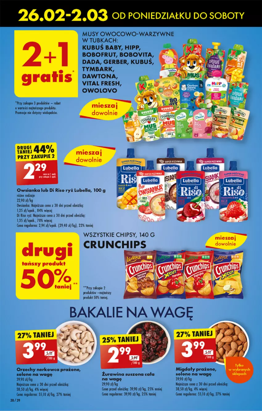 Gazetka promocyjna Biedronka - Od poniedzialku - ważna 26.02 do 02.03.2024 - strona 48 - produkty: Bell, Bella, Bobofrut, BoboVita, Chipsy, Crunchips, Dada, Dawtona, Gerber, HiPP, Kubuś, Lubella, Migdały, Mus, Owsianka, Ryż, Tymbark