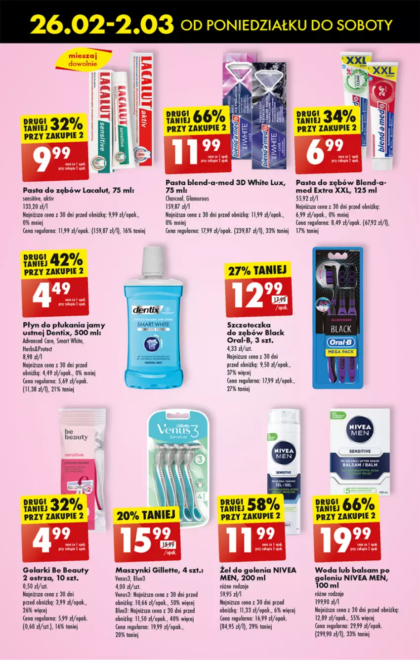 Gazetka promocyjna Biedronka - Od poniedzialku - ważna 26.02 do 02.03.2024 - strona 61 - produkty: Be Be, Blend-a-Med, Gillette, Lacalut, Lack, Nivea, Nivea Men, Pasta do zębów, Płyn do płukania, Płyn do płukania jamy ustnej, Por, Szczoteczka, Szczoteczka do zębów, Woda