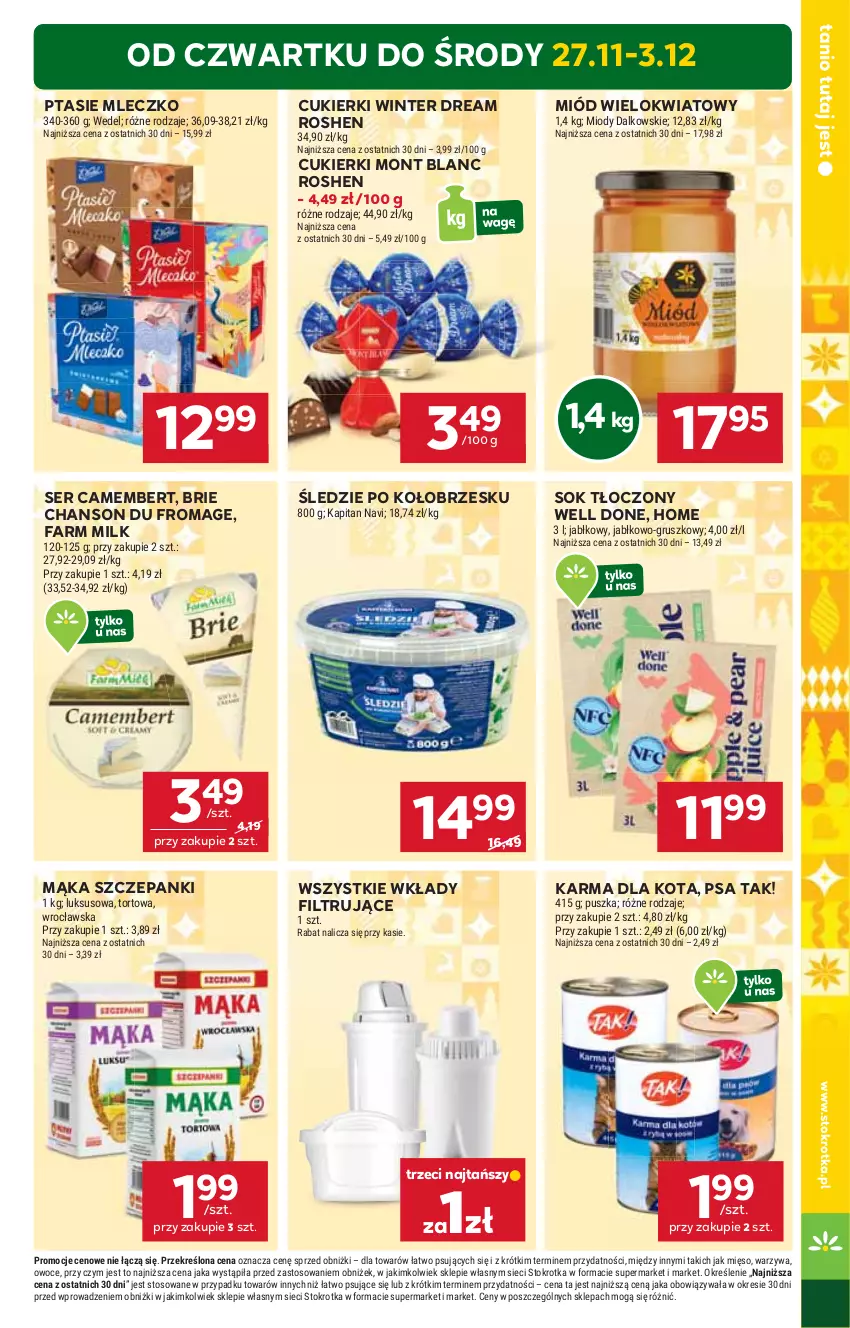 Gazetka promocyjna Stokrotka - Market - ważna 27.11 do 03.12.2025 - strona 3 - produkty: Brie, Camembert, Cukier, Cukierki, Fa, Farm Milk, Mąka, Mięso, Miód, Mleczko, Mont Blanc, Owoce, Ptasie mleczko, Ser, Sok, Warzywa