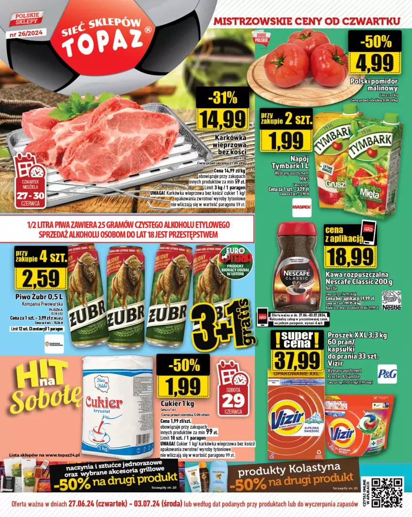 Gazetka promocyjna Topaz - Gazetka - ważna 27.06 do 03.07.2024 - strona 1 - produkty: Cukier, Gra, Grill, Karkówka wieprzowa, Kawa, Piwa, Piwo, Waga