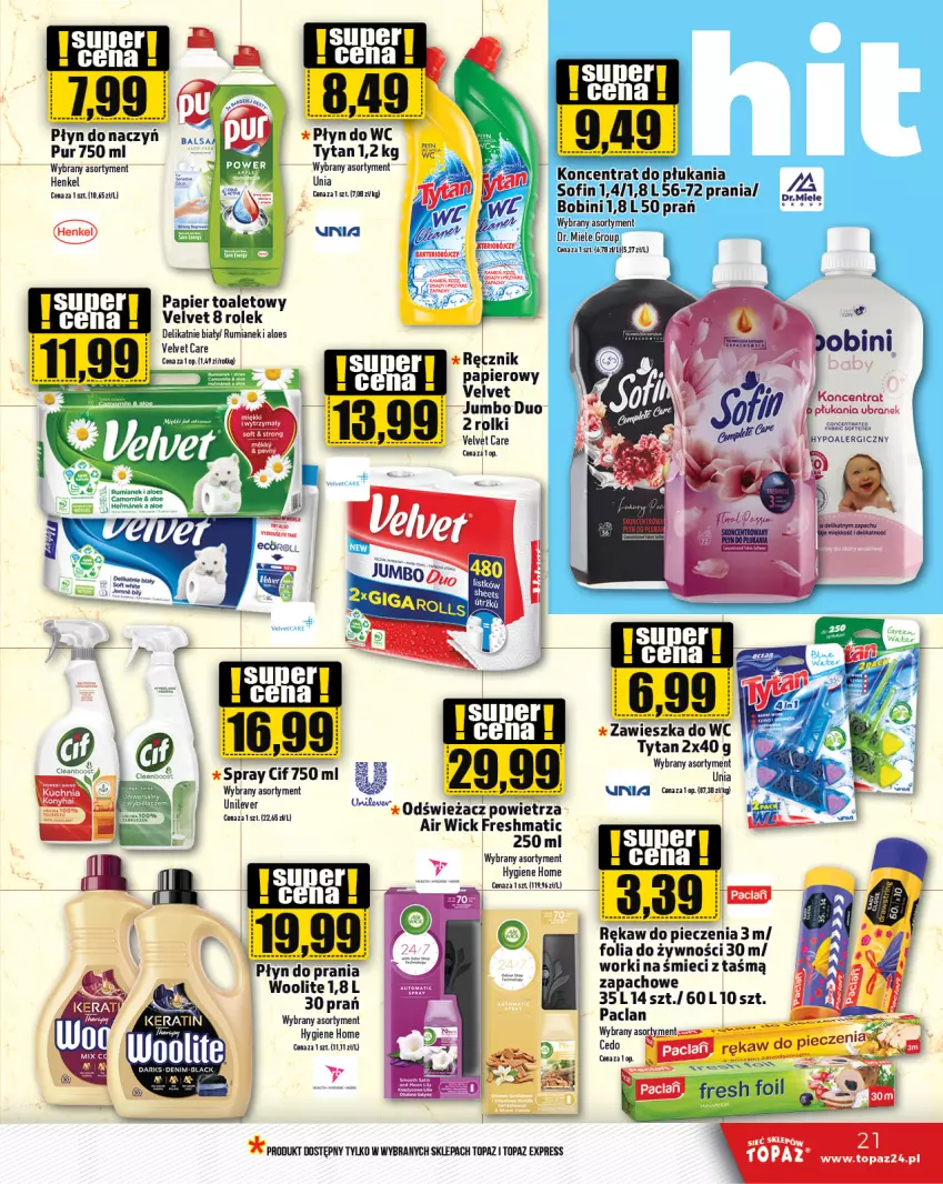 Gazetka promocyjna Topaz - Gazetka - ważna 27.06 do 03.07.2024 - strona 21 - produkty: Air Wick, Cif, Odświeżacz powietrza, Papier, Papier toaletowy, Płyn do prania, Płyn do wc, Pur, Ręcznik, Rolki, Rum, Top, Tytan, Velvet, Zawieszka do wc